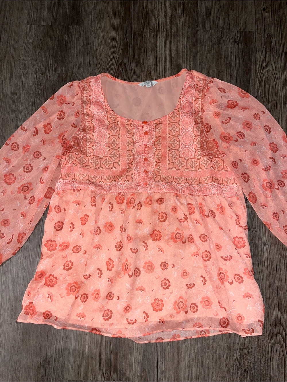 LUCKY BRAND Coral-Pink Floral Lace Trim Blouse